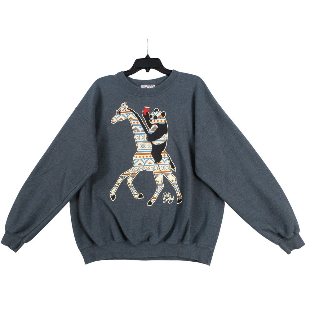 Riot Society Mens Large Panda Riding Giraffe Graphic Sweatshirt Gray‎ Crewneck L
